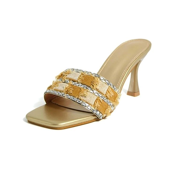 Fringe Denim Rhinestone Square Toe Mules suppliers