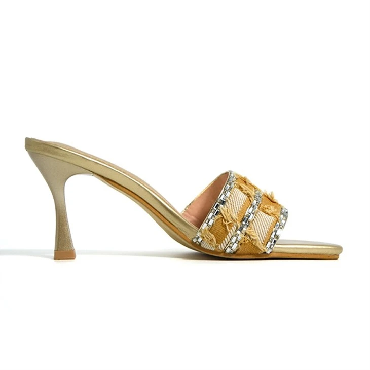 Fringe Denim Rhinestone Square Toe Mules factory